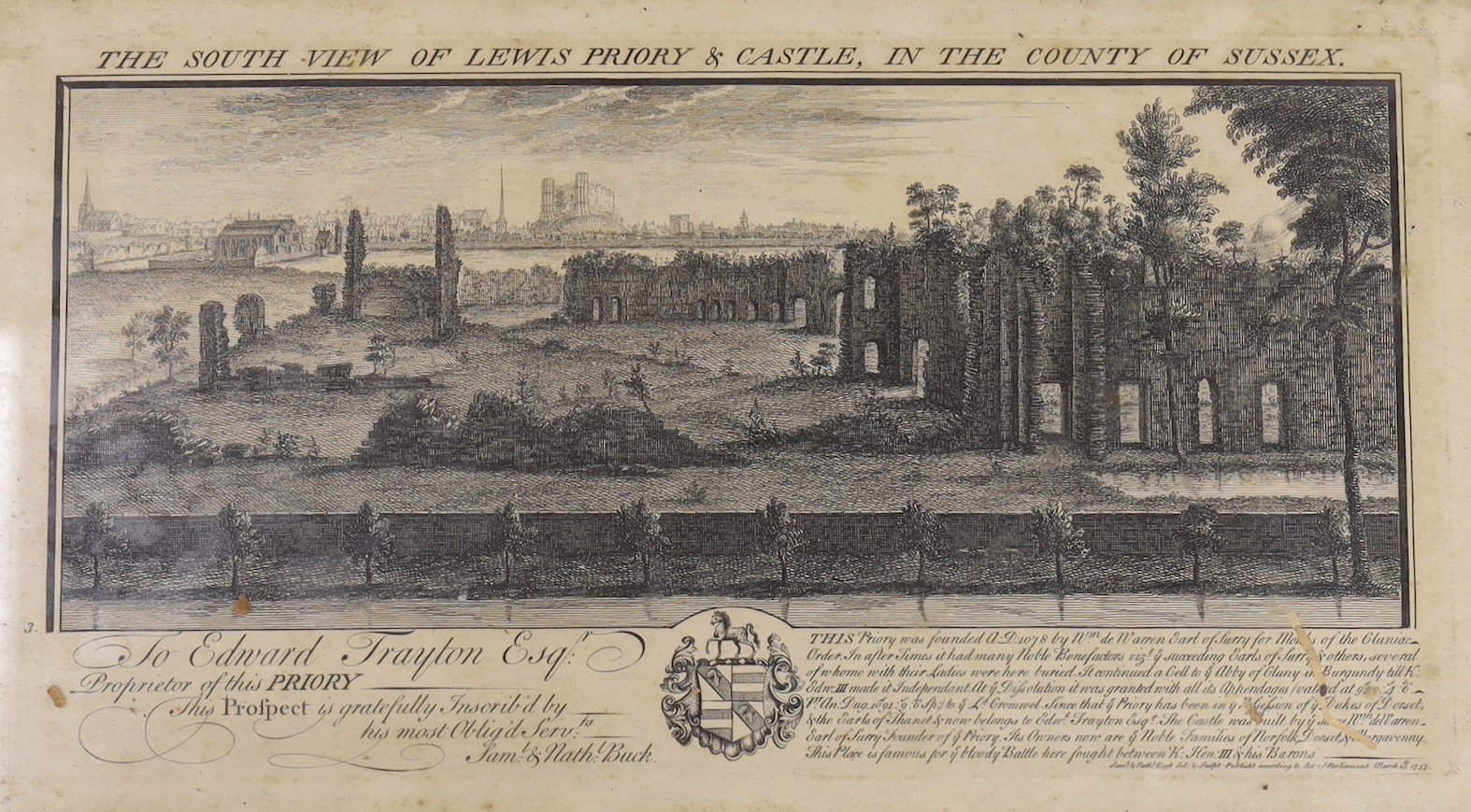 Samuel and Nathaniel Buck, six engravings, Views of Sussex Castles 1737, overall 23 x 40cm and a similar view of the Church of St Olave, 28 x 31cm